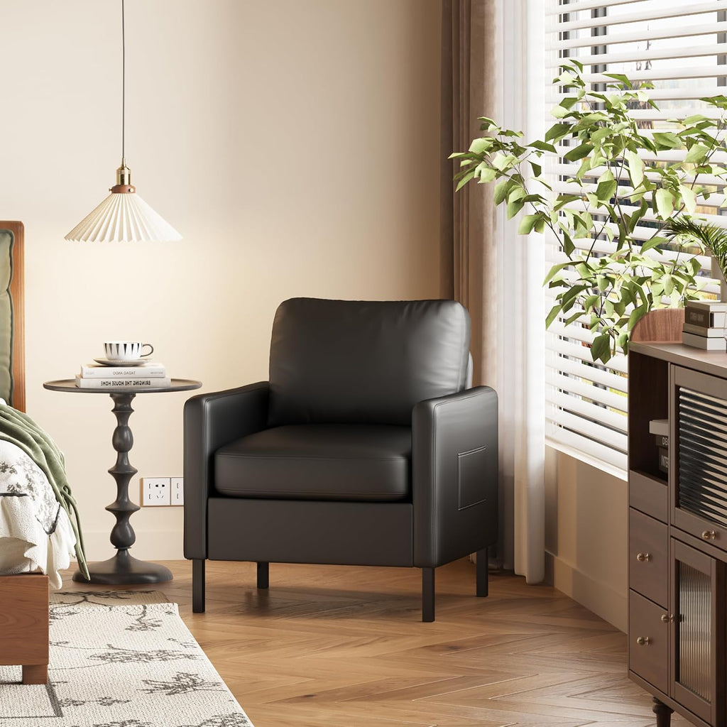 AODAILIHB Black Leather Accent Chair, Modern Accent Chairs with Arms, Small Chair with 2 Pocket/Thick Cushion Comfy Single Seat Sofa Couch for Living Room/Waiting Room/Office (1, Black)