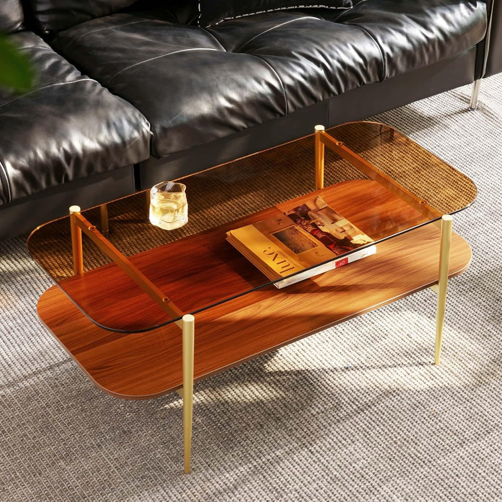 AGV LIGHTING Tadio Glass Coffee Table, Mid-Century Modern Coffee Table for Living Room, Gold Finish Leg, Coffee Brown Glass Top & Walnut Brown Shelf, Rounded Corners
