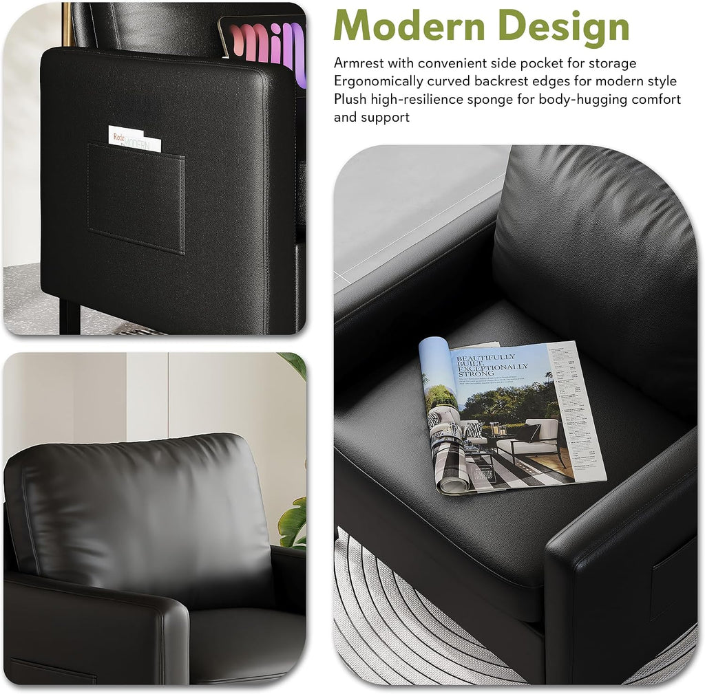 STHOUYN Black Faux Leather Accent Chair with Arms, Modern Small Accent Office Chair, Waiting Room Chairs for Living Room Bedroom with Metal Legs (1, Black)