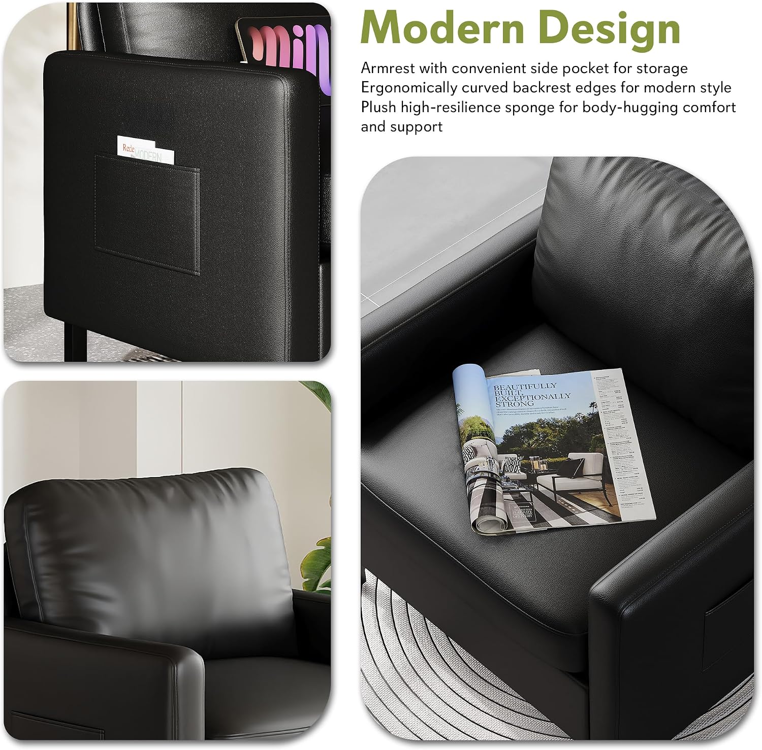 STHOUYN Black Faux Leather Accent Chair with Arms, Modern Small Accent Office Chair, Waiting Room Chairs for Living Room Bedroom with Metal Legs (1, Black)