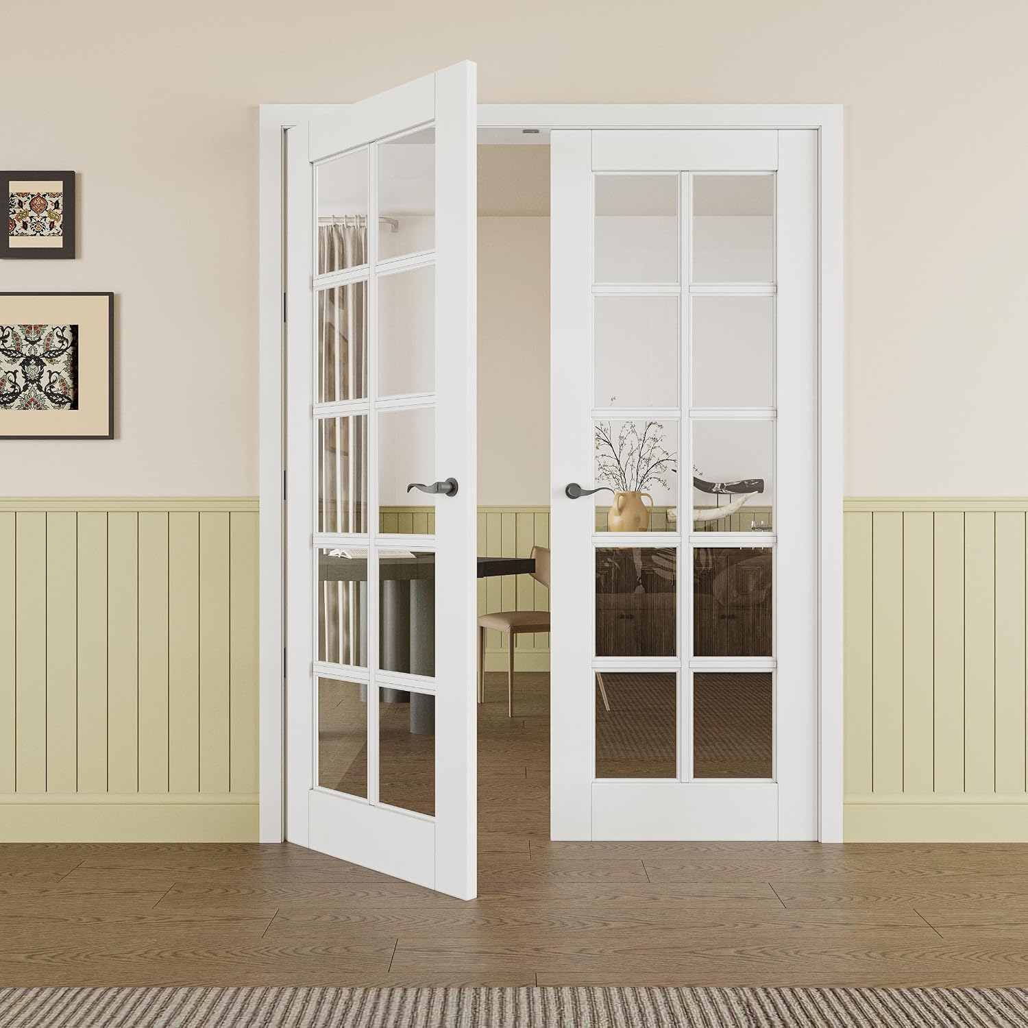 Prehung French Door 64' x 80' (2x32 in), 10-Lite Tempered Clear Glass Door Slabs with Jamb, Black Hinges, 4 Levers & Latch, Solid Core Interior Door, Pre-Finished & Paintable,Double Doors Interior