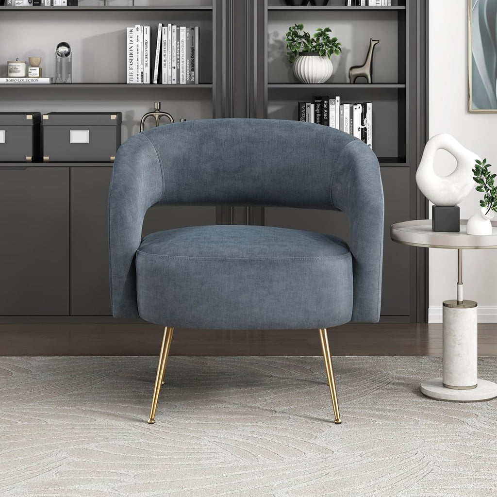 Lexicon Mid-Century Modern Velvet Accent Chair with Open Back, Gold Metal Legs, Upholstered Curved Barrel Armchair for Living Room/Bedroom/Office, Easy Assembly, Dark Gray