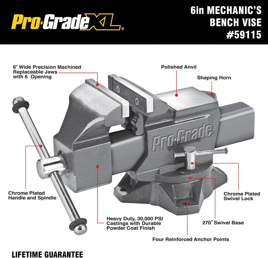 Pro-Grade Mechanic's Bench Vise 6-Inch Heavy Duty Vise with Swivel Base, 59115