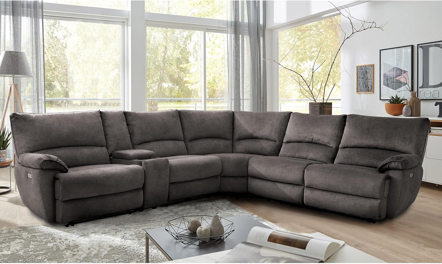 Furniture of America Bretz 121 inches Fabric Upholstered Power Recline Sectional with Cupholders, Wireless Charging and Pillow Top Arms for Living Room, Home Office, Gray