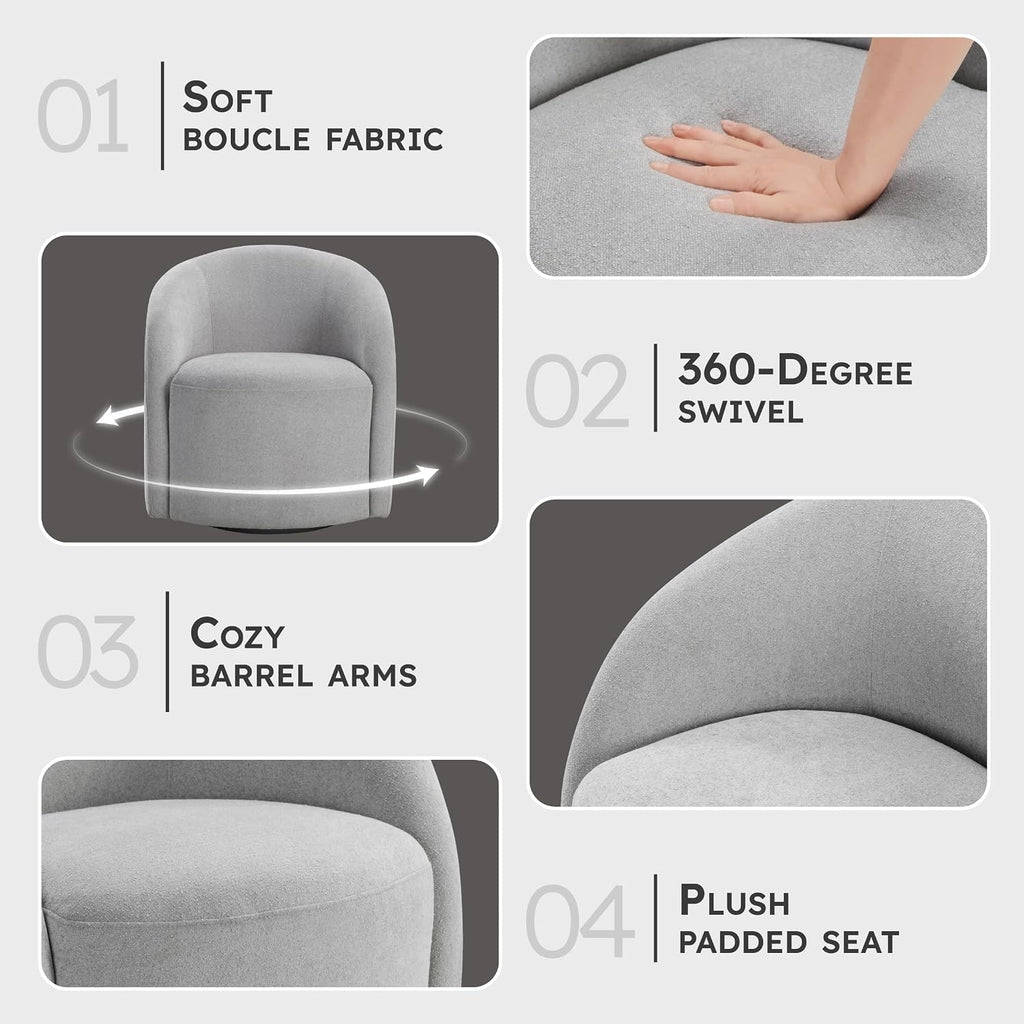 Lexicon 360 Degree Swivel Accent Chair, Boucle Fabric Arm Chair with Metal Swivel Base and Sloped Arms for Living Room/Bedroom/Office, Light Gray