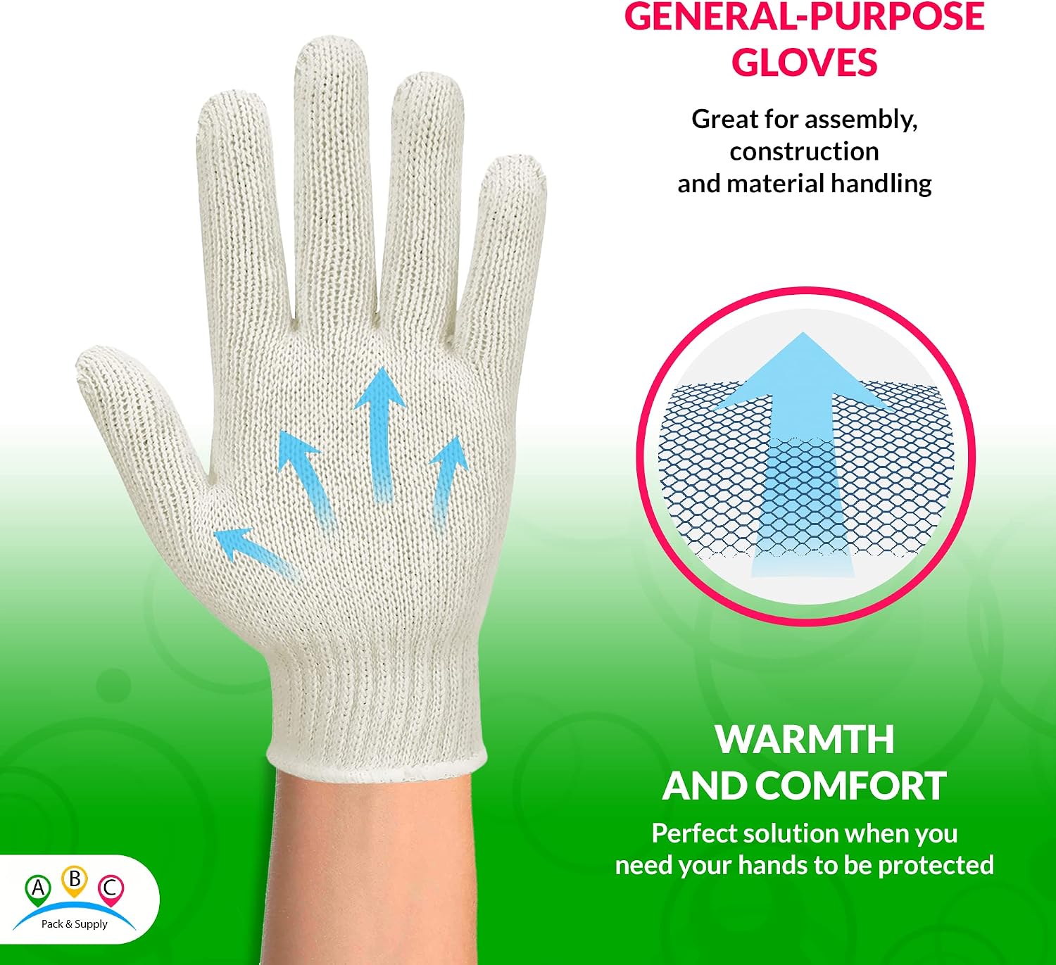 Work Gloves, Natural Cotton Polyester String Knit Gloves, 720 Pack (360 Pairs) Knit Work Glove with Elastic Wrist