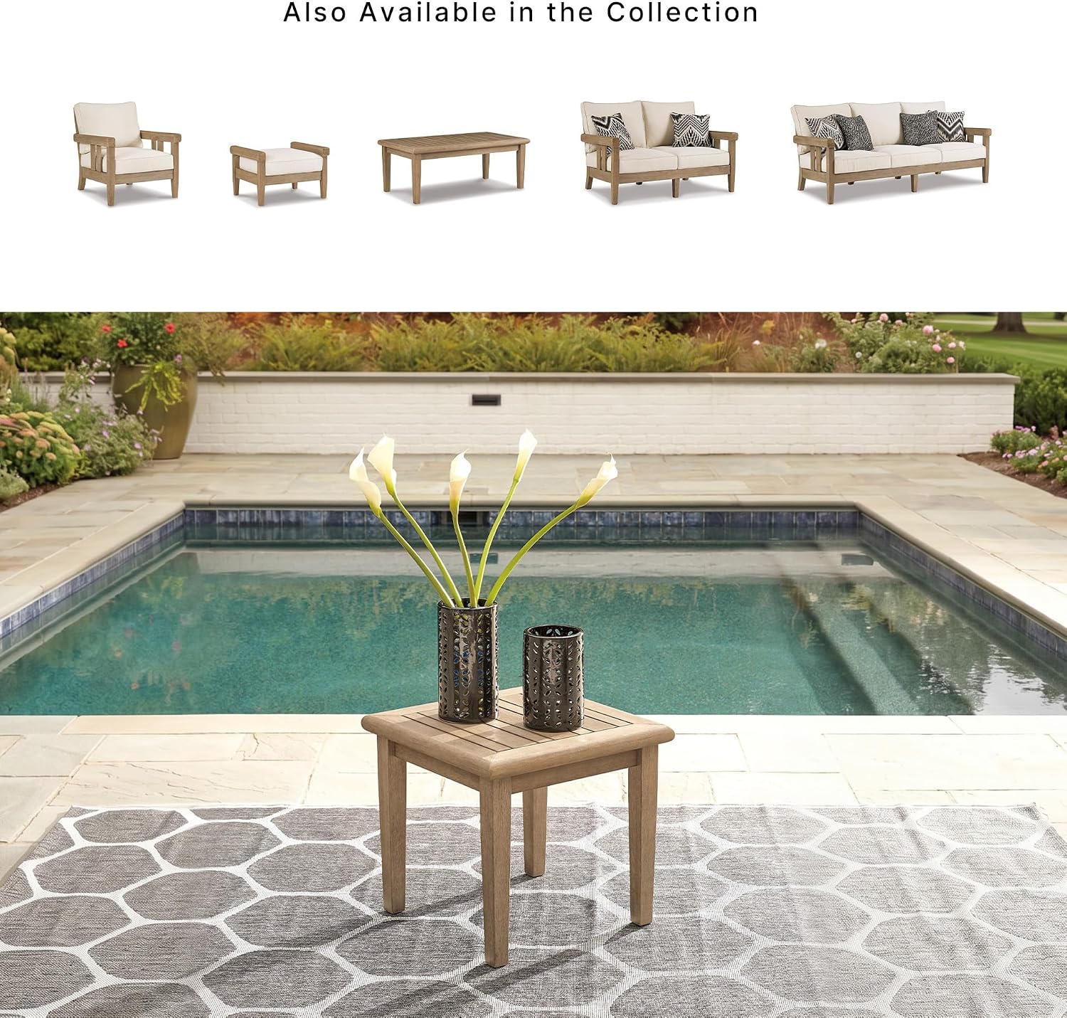 Signature Design by Ashley Gerianne Outdoor Square End Table with Slatting Styling and 5-Step Finishing Process, Eucalyptus Wood Frame, 22' High, Grayish Brown