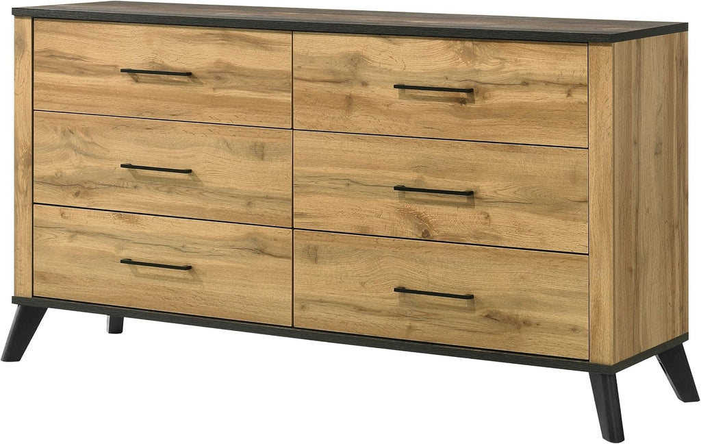 Coaster Home Furnishings - Kaywood - Engineered Wood - 6-Drawer Dresser with Mid-Century Modern Style, Two-Tone Design, Black Pull Handles, Weathered Brown Top Finish - Bedroom - Natural Pine - 225003