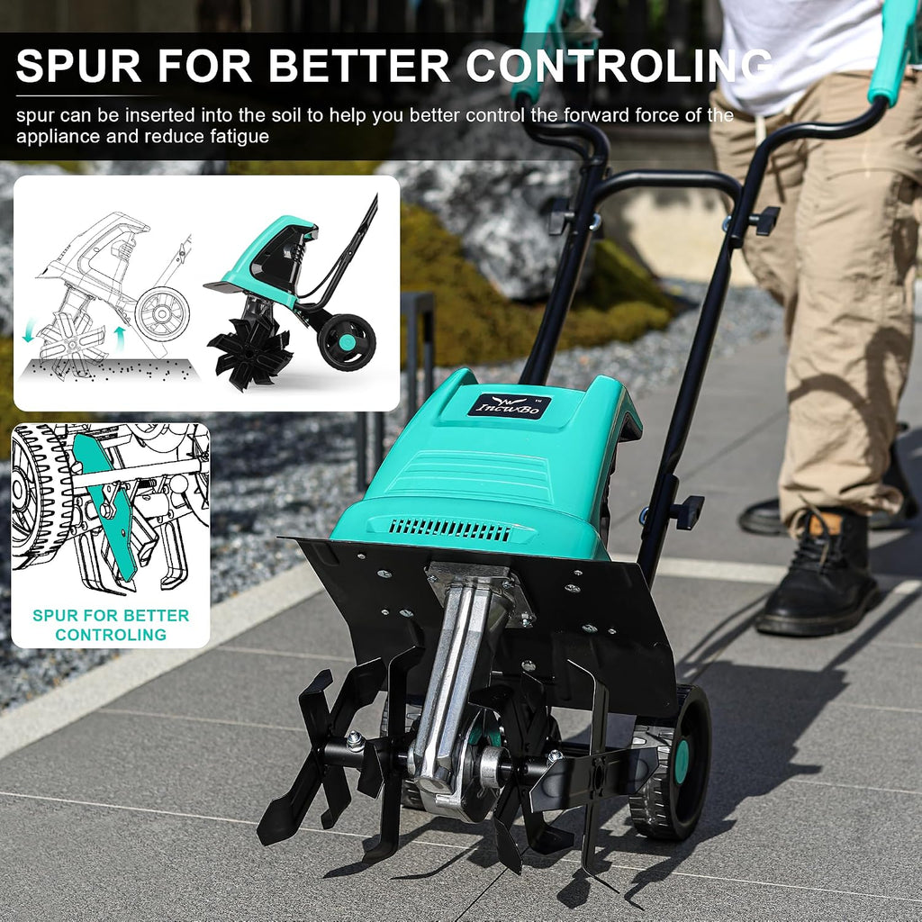 IncwBo 13.5 Amp 12 Inch Electric Tiller/Cultivator with 4 Steel Tines, 8'' Tilling Depth Small Garden Tiller for Gardening, Corded Rototiller with Adjustable Wheels