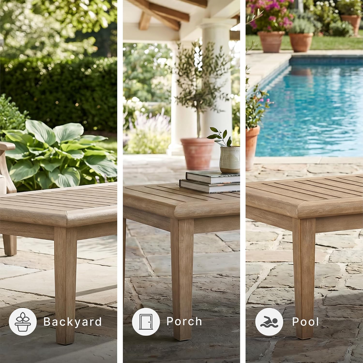 Signature Design by Ashley Gerianne Outdoor Coffee Table, Eucalyptus Wood With 5‑Step Protective Finish & Slatted Top for Rain Shedding, Durable for Outside Patio Use, Brown