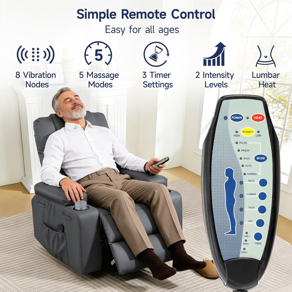 Brage Living Power Lift Recliner Chair for Elderly with Massage & Heat, PU Leather Electric Recliner with 160° Adjustable Recline, Stand Assist, Remote Control, USB Charge Port, Cup Holders (Gray)
