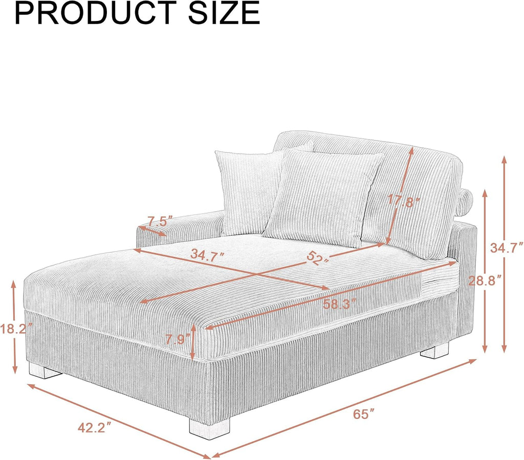65' Chaise Lounge Chair Indoor, Oversized Upholstered Recliner Sofa Bed for Living Room, Fluffy Plush Faux Fur Cloud Sofa Sleeper Couch Bedroom Reading Seat - Gray, Right Armrest