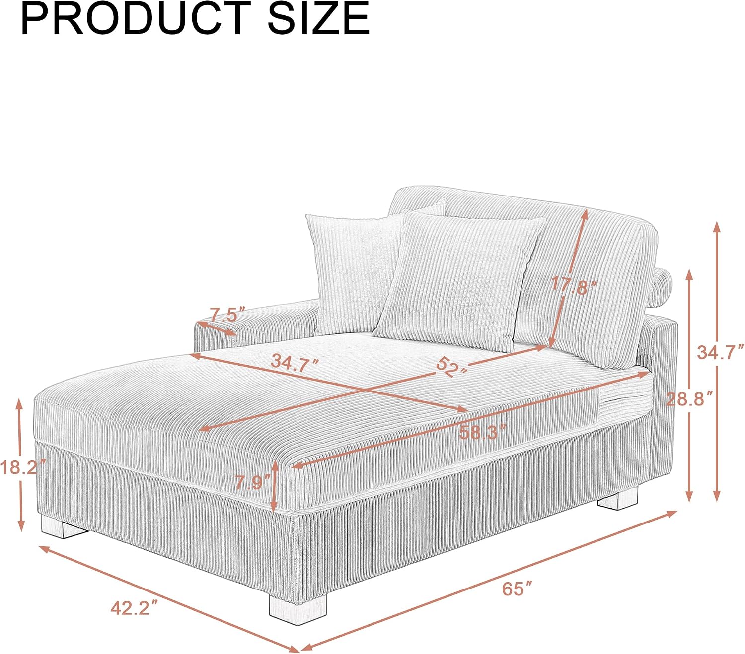 65' Chaise Lounge Chair Indoor, Oversized Upholstered Recliner Sofa Bed for Living Room, Fluffy Plush Faux Fur Cloud Sofa Sleeper Couch Bedroom Reading Seat - Gray, Right Armrest