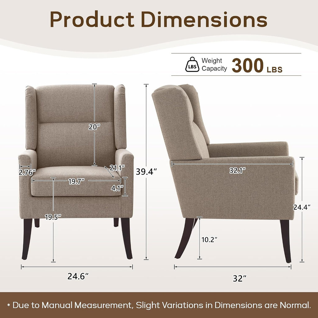 Zihanhome High Back Living Room Chairs, Fabric Accent Chair, Comfy Upholstered Armchair with Wooden Legs for Living Room, Bedroom, Apartment (2, Brown)