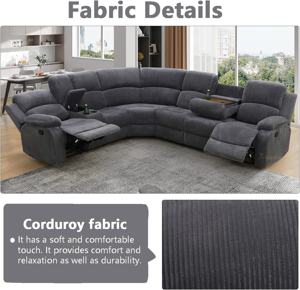 A Ainehome Manual Sectional Recliner Sofa Set with Storage, Living Room Furniture Set Corduroy Sofa Sets Manual Reclining Sectional Couches for Living Room with 4 Recliner Seats(Dark Grey)