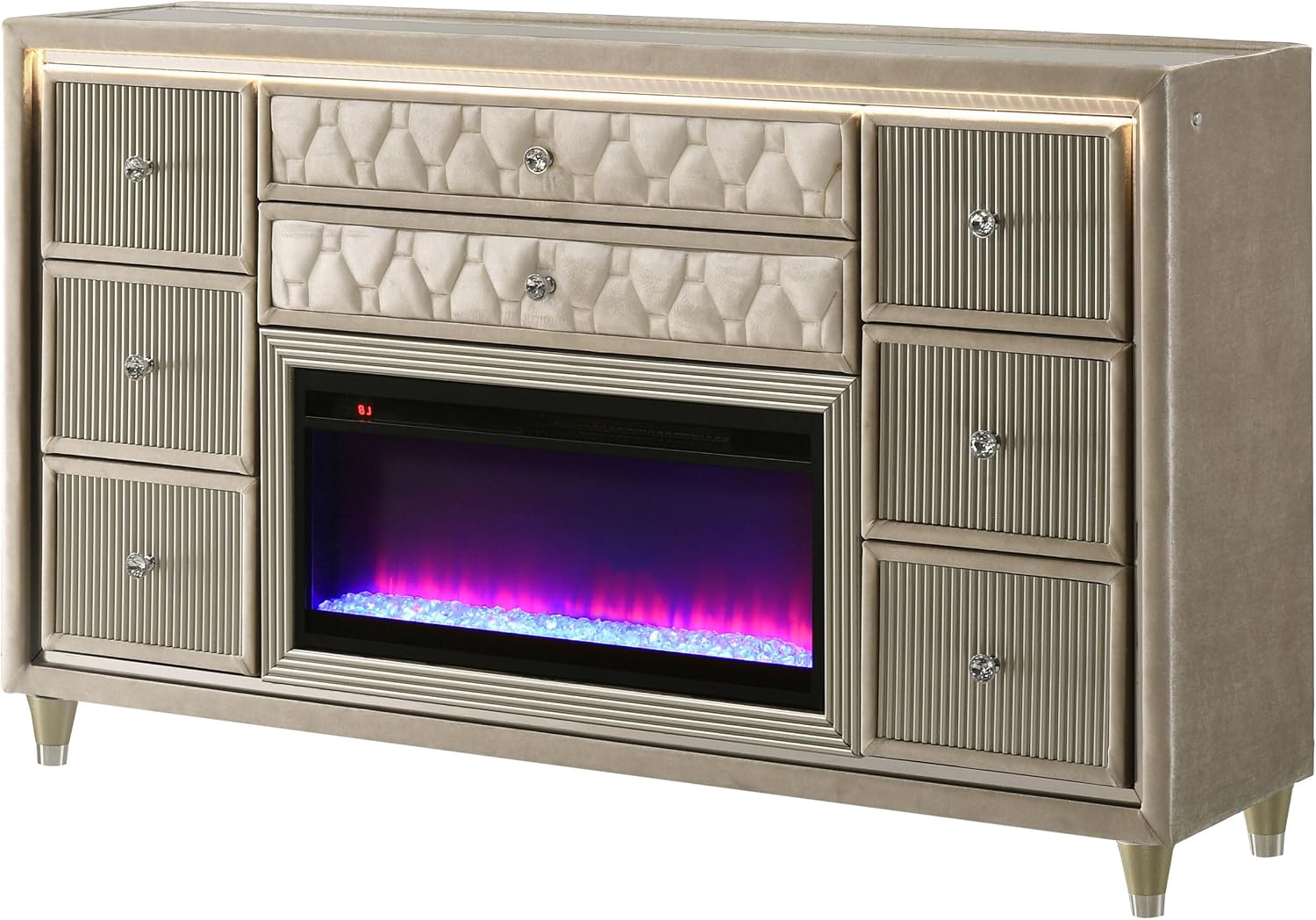 Coaster Home Furnishings - Lorient - Wood and Velvet - 8-Drawer Dresser with Flame Box, LED Lighting, Crystal Knobs and Traditional Style - Bedroom - Ivory and Camel - 222663FB