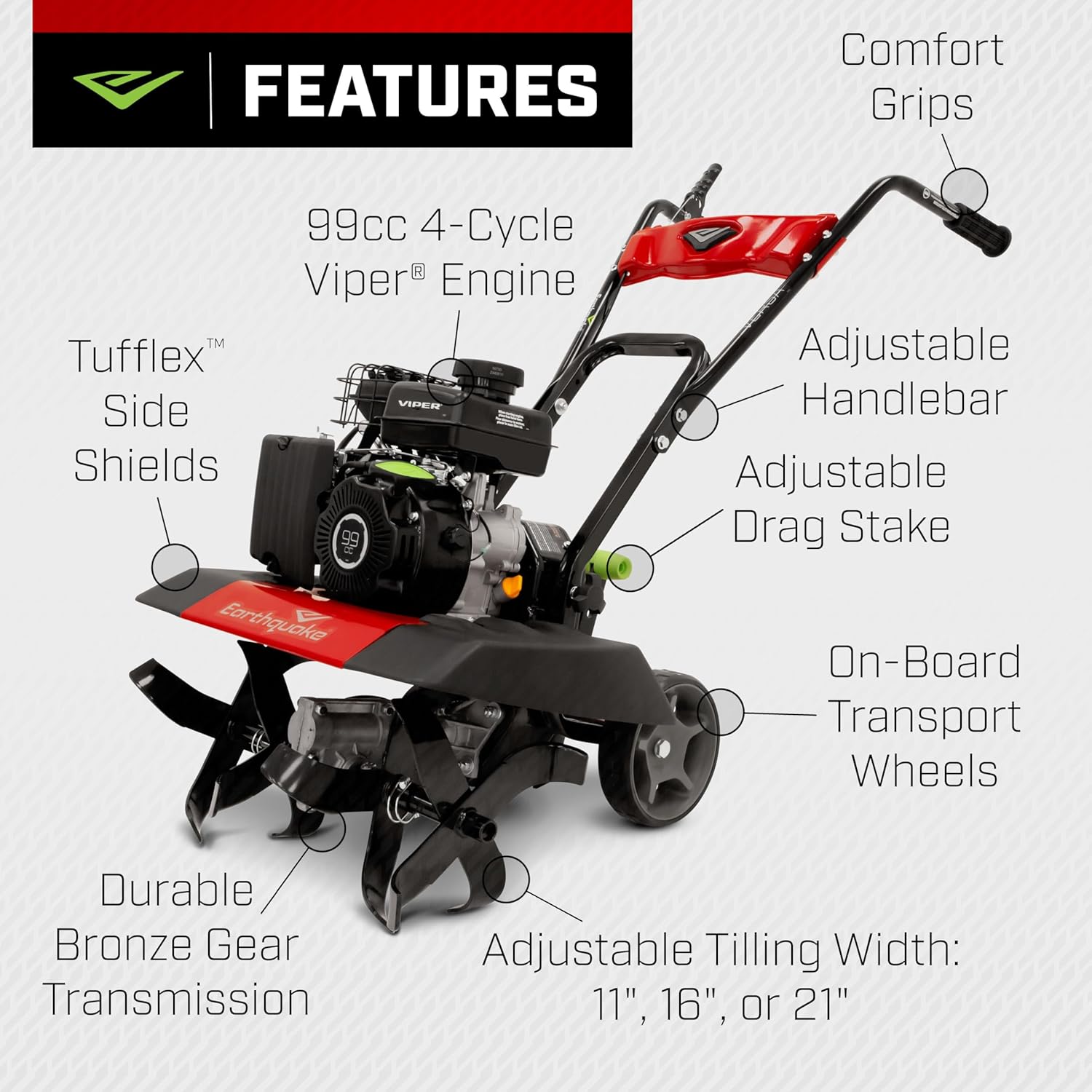 Earthquake 20015 Versa 2-in-1 Tiller Cultivator with a 99cc 4-Cycle Viper Engine, 2-in-1 Front Tine Tiller and Cultivator, Removable Side Shields and Outer Tines