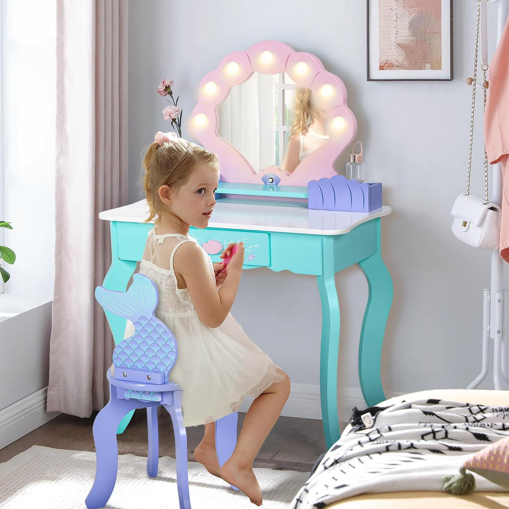 Vanity Set with Lights & Mirror, 2 in 1 Wooden Princess Dressing Table with Stool, Ocean Theme Makeup Table and Chair Set, Little Girls Pretend Play Set, Kids Vanity for Birthday