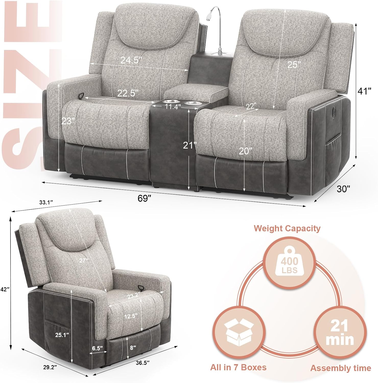 Dresegmt Living Room Furniture Set, Loveseat Recliner Sofa with Storage Console and 2 Oversize Recliner Chairs, Elegant Timeless Manual Reclining Couches for Living Room/RV (Grey, 2+1+1)