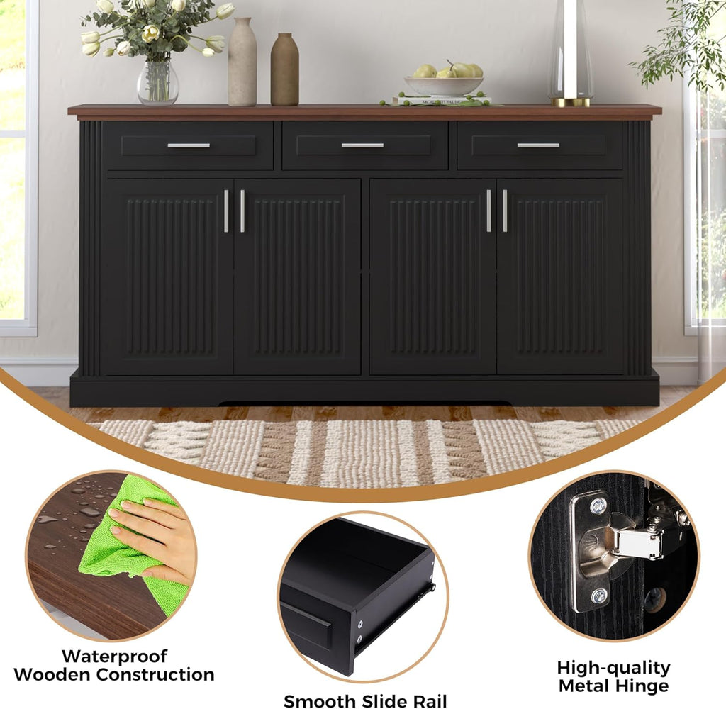 RiteSune Buffet Cabinet with Storage, 63' Modern Farmhouse Coffee Bar Cabinets with 3 Drawers and 4 Doors, Black Sideboard Buffet Cabinet, Wood Buffet Storage Table for Kitchen, Dining Room (Black)