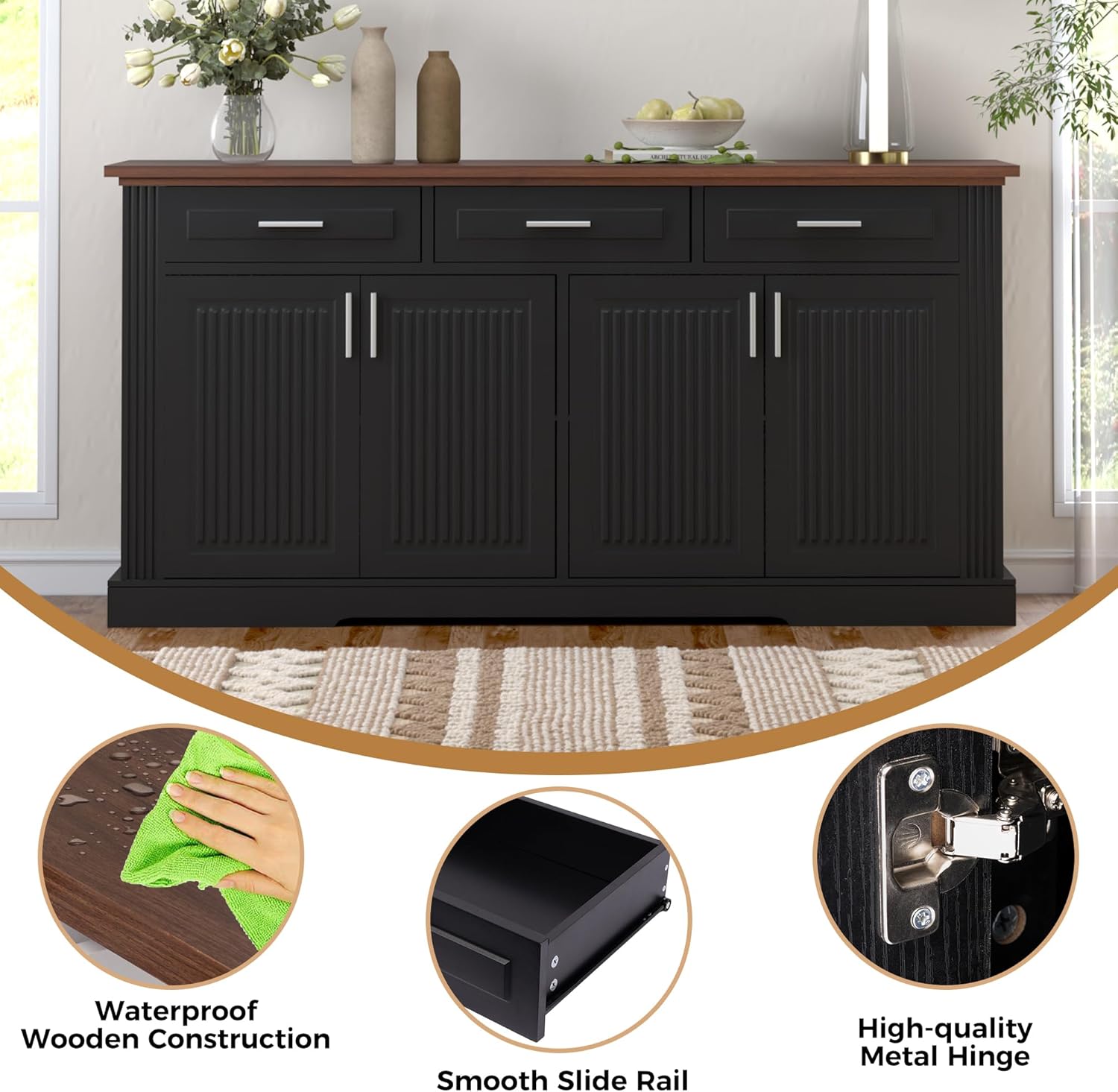 RiteSune Buffet Cabinet with Storage, 63' Modern Farmhouse Coffee Bar Cabinets with 3 Drawers and 4 Doors, Black Sideboard Buffet Cabinet, Wood Buffet Storage Table for Kitchen, Dining Room (Black)