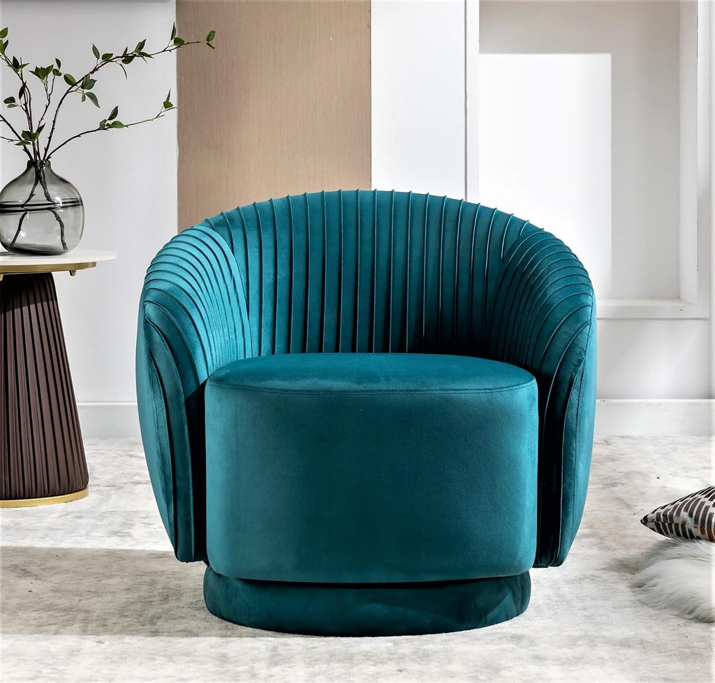 Container Furniture Direct Modern Barrel Swivel Chair with Plush Velvet Upholstery and Smooth 360° Rotation, Round Accent One-Seater Sofa for Living Room, Bedroom, and Office, Greenish Blue