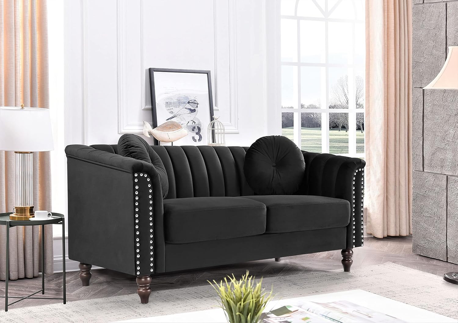 Container Furniture Tufted Velvet Sofa with Removable Cushions and Turned Wood Legs, Elegant Living Room Furniture for The Modern Home, 61.4 Inch Loveseat, Black