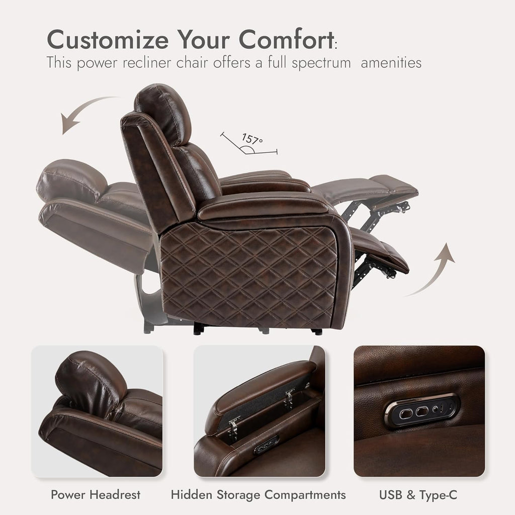 Watson & Whitely Genuine Leather Power Recliner Chairs for Adults, Zero Gravity Recliner with Power Headrest & Hidden Storage, Electric Reclining Sofa Chair for Living Room, Home Office, Dark Brown