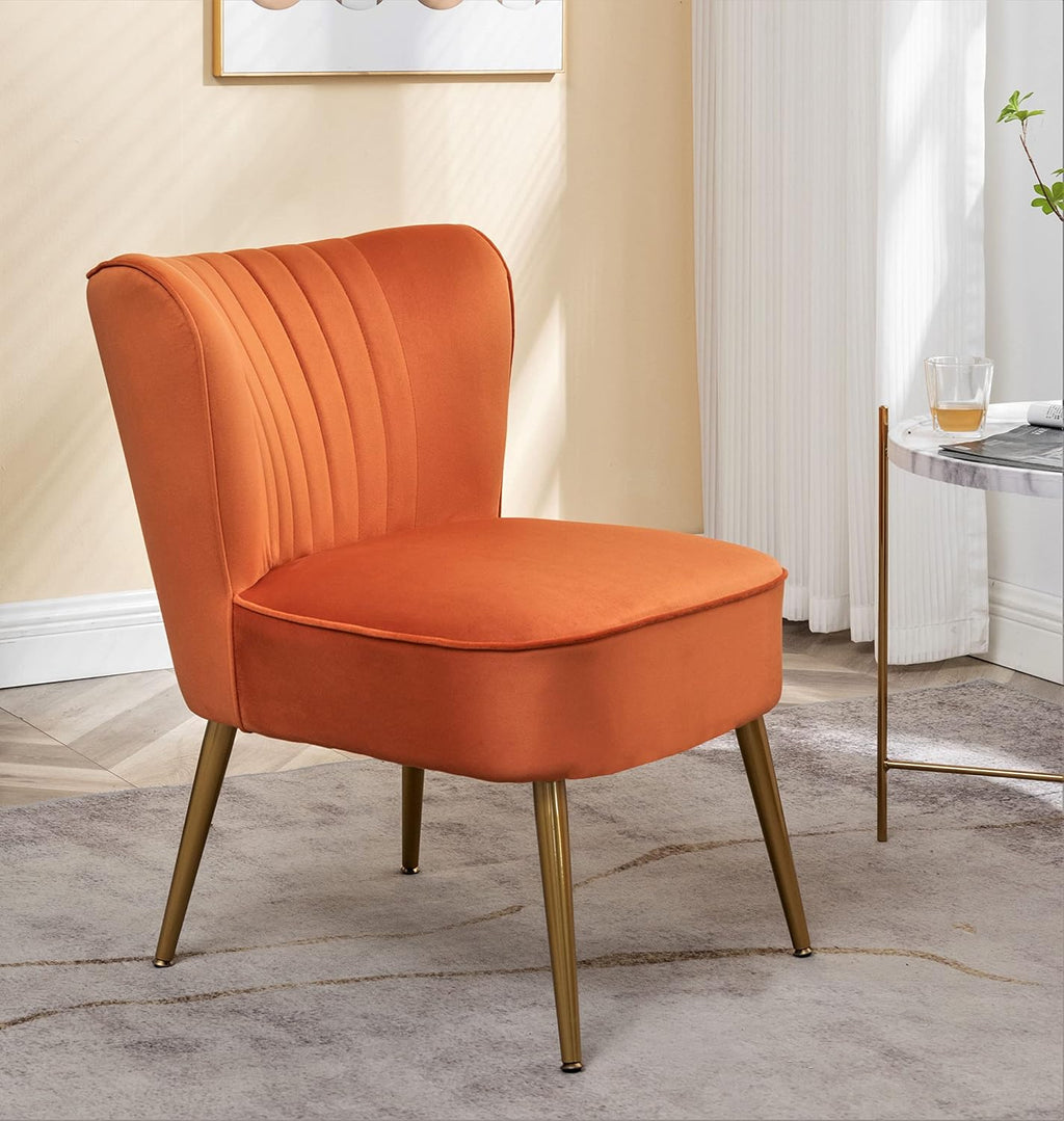Container Furniture Direct Modern Velvet Accent Chair for Living Room, Bedroom, or Entryway, Stylish and Comfortable Armless Design with Metal Legs, Orange Red