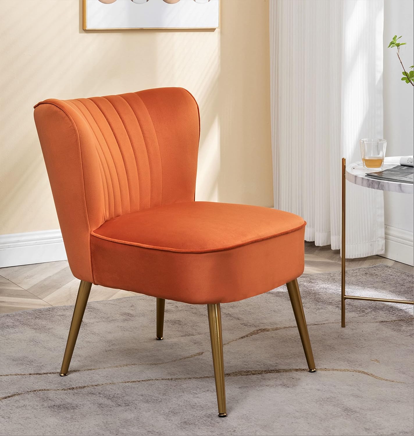 Container Furniture Direct Modern Velvet Accent Chair for Living Room, Bedroom, or Entryway, Stylish and Comfortable Armless Design with Metal Legs, Orange Red