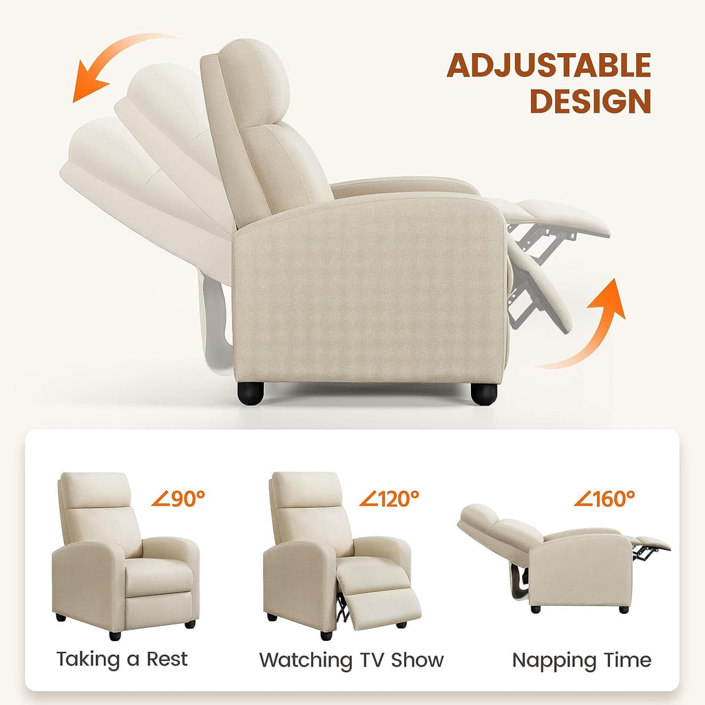 Topeakmart Fabric Recliner Sofa Push Back Recliner Chair Adjustable Modern Single Reclining Chair Upholstered Sofa with Pocket Spring Living Room Bedroom Home Theater Beige