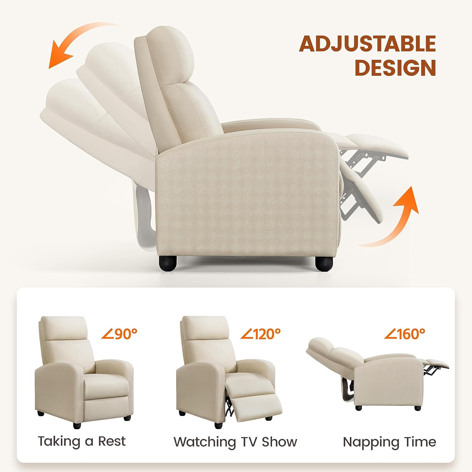 Topeakmart Fabric Recliner Sofa Push Back Recliner Chair Adjustable Modern Single Reclining Chair Upholstered Sofa with Pocket Spring Living Room Bedroom Home Theater Beige