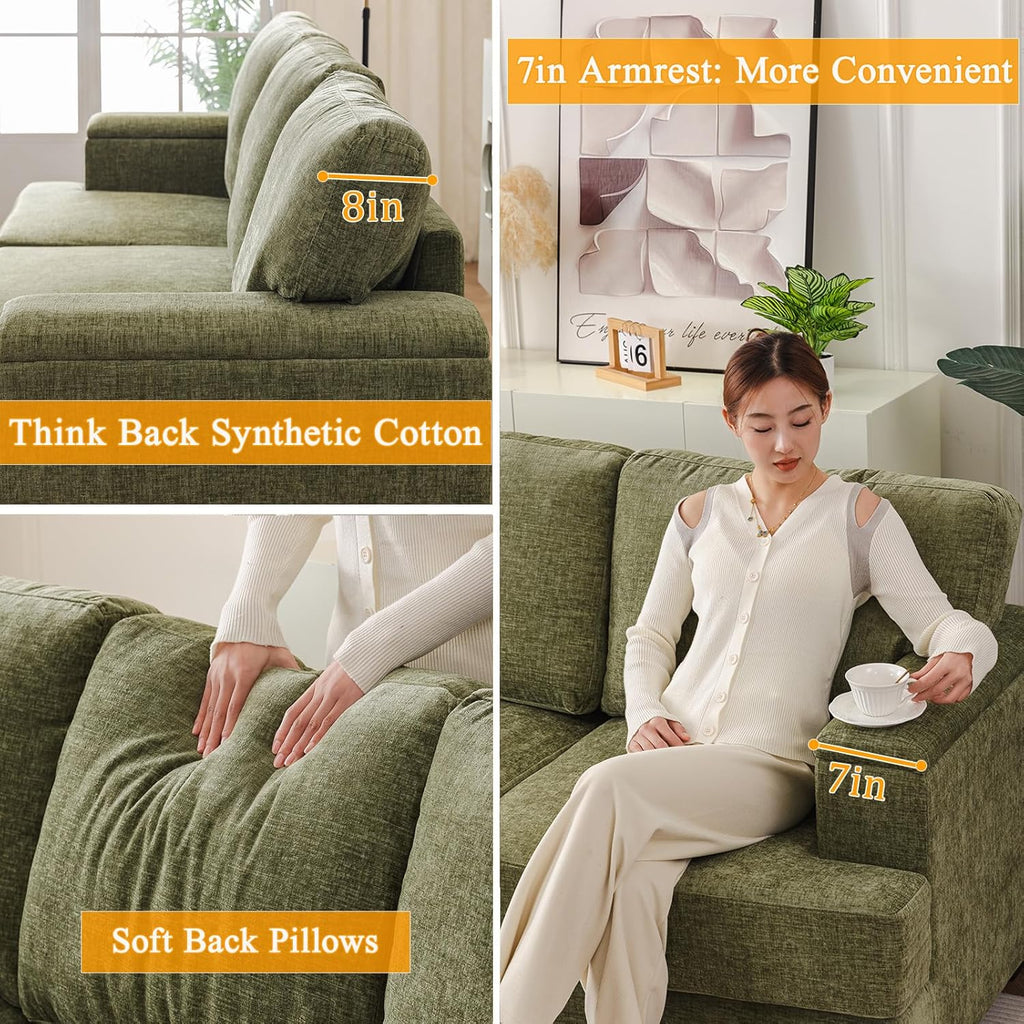 85'' L Shaped Couch with Armrest Organizer,3 Seats Sofas with Movable Ottoman,Comfy Sectional Sofa with Thick Cushion,Chenille Sectional Couches for Living Room,Bedroom,Apartment,Home Furniture,Green