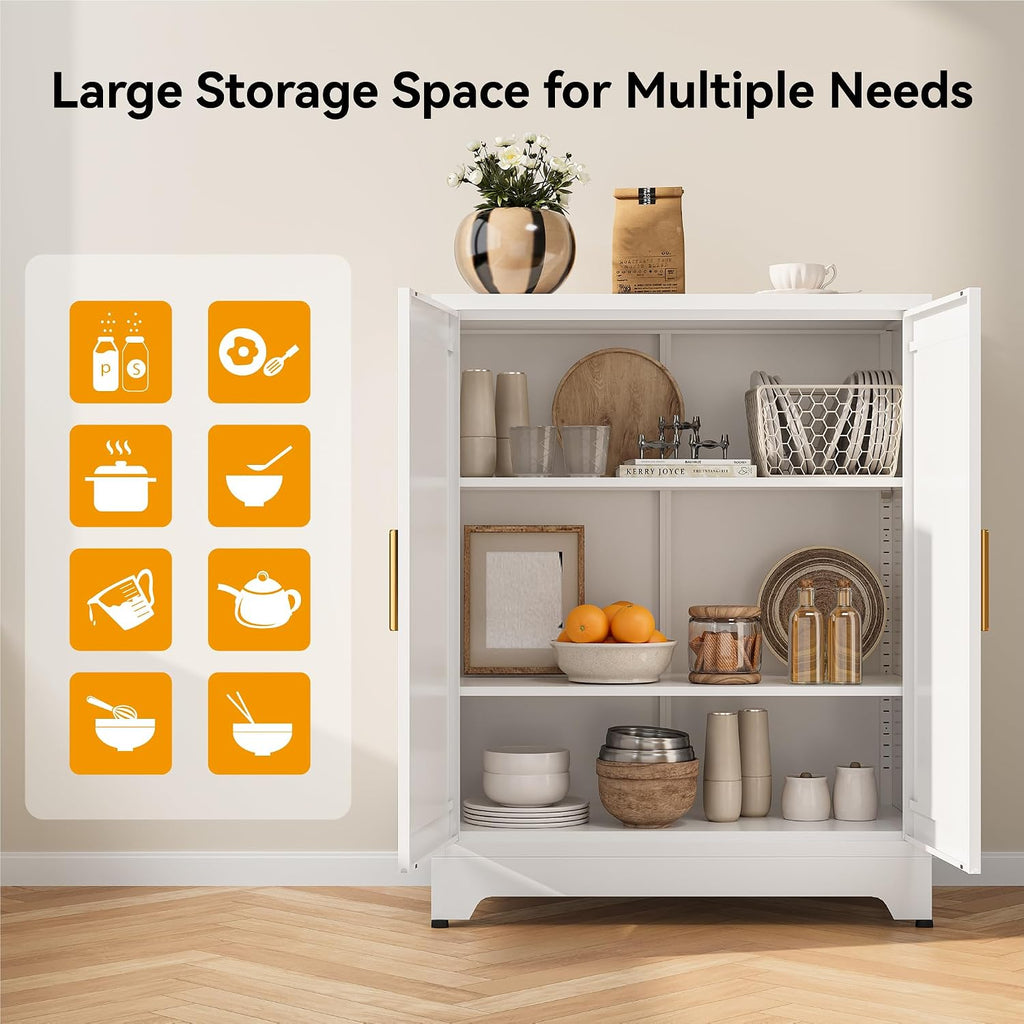 COFaR White 39' H Double Door Metal Storage Cabinet, Heavy Duty Kitchen Organizer & Coffee Bar with Adjustable Shelves, 150 lbs Top Capacity, 3-Tier Filing Cabinet for Pantry, Home Office, Dorm