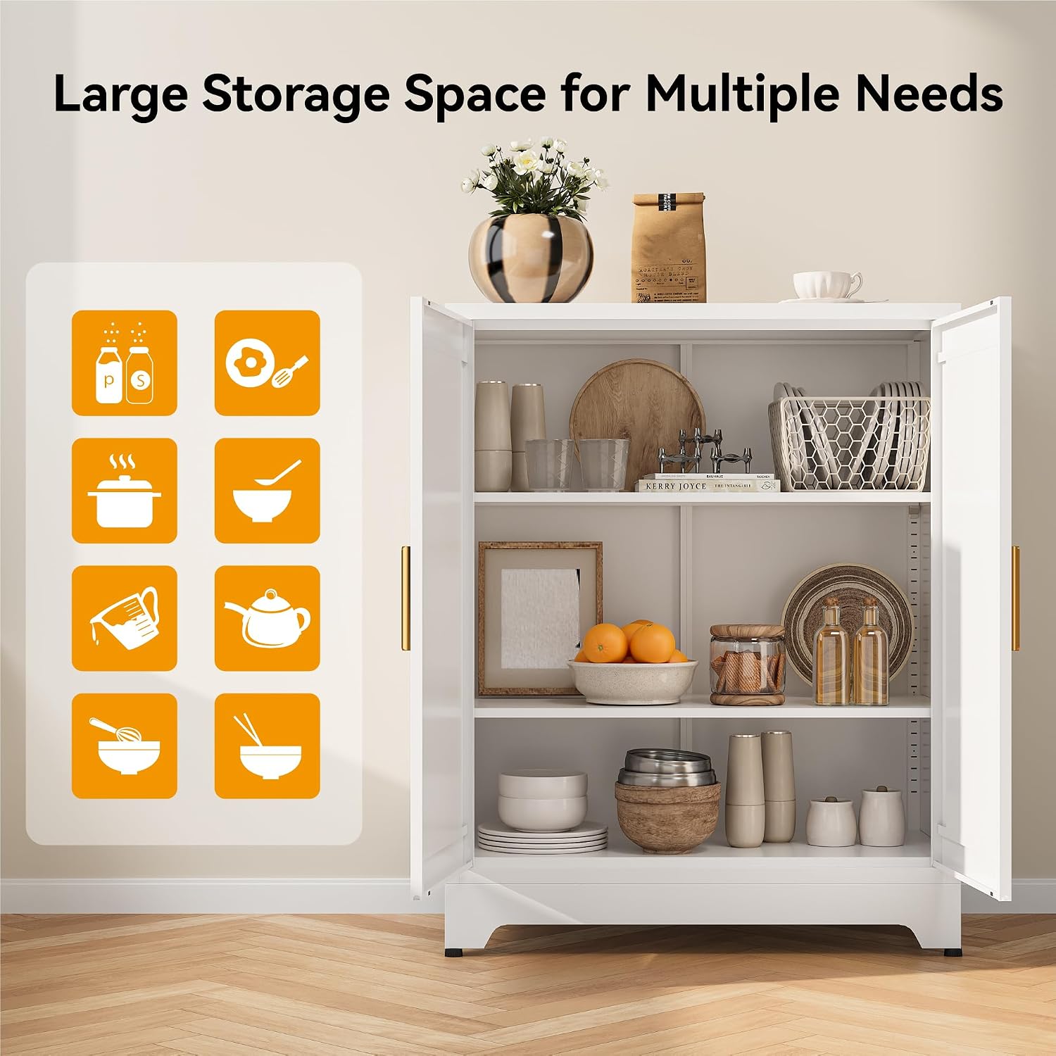 COFaR White 39' H Double Door Metal Storage Cabinet, Heavy Duty Kitchen Organizer & Coffee Bar with Adjustable Shelves, 150 lbs Top Capacity, 3-Tier Filing Cabinet for Pantry, Home Office, Dorm