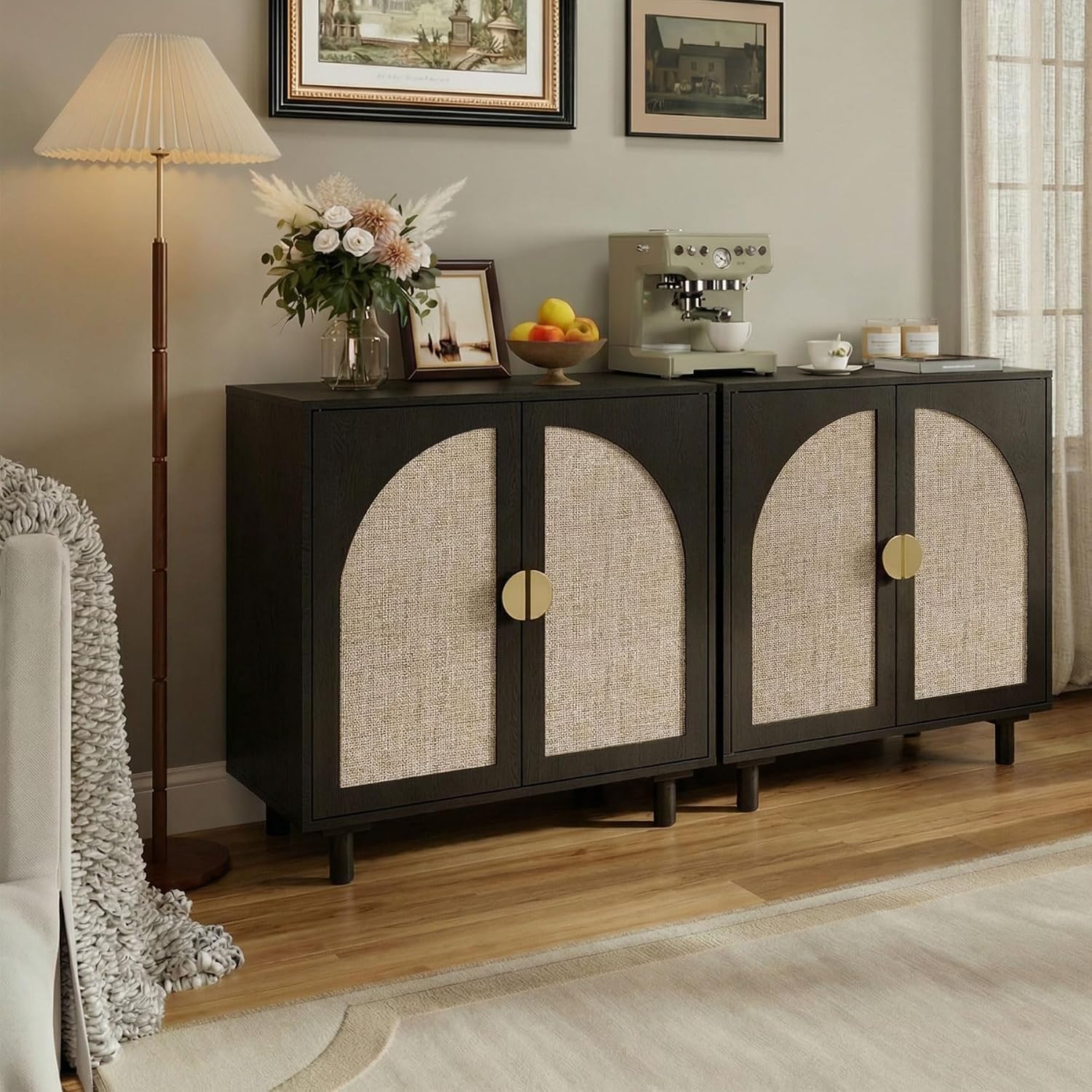 Modern Rattan Storage Cabinet, Black Wood Sideboard with Magnetic Latch, Adjustable Shelf, 29.84' W x 15.75' D x 31.57' H (2 Piece)