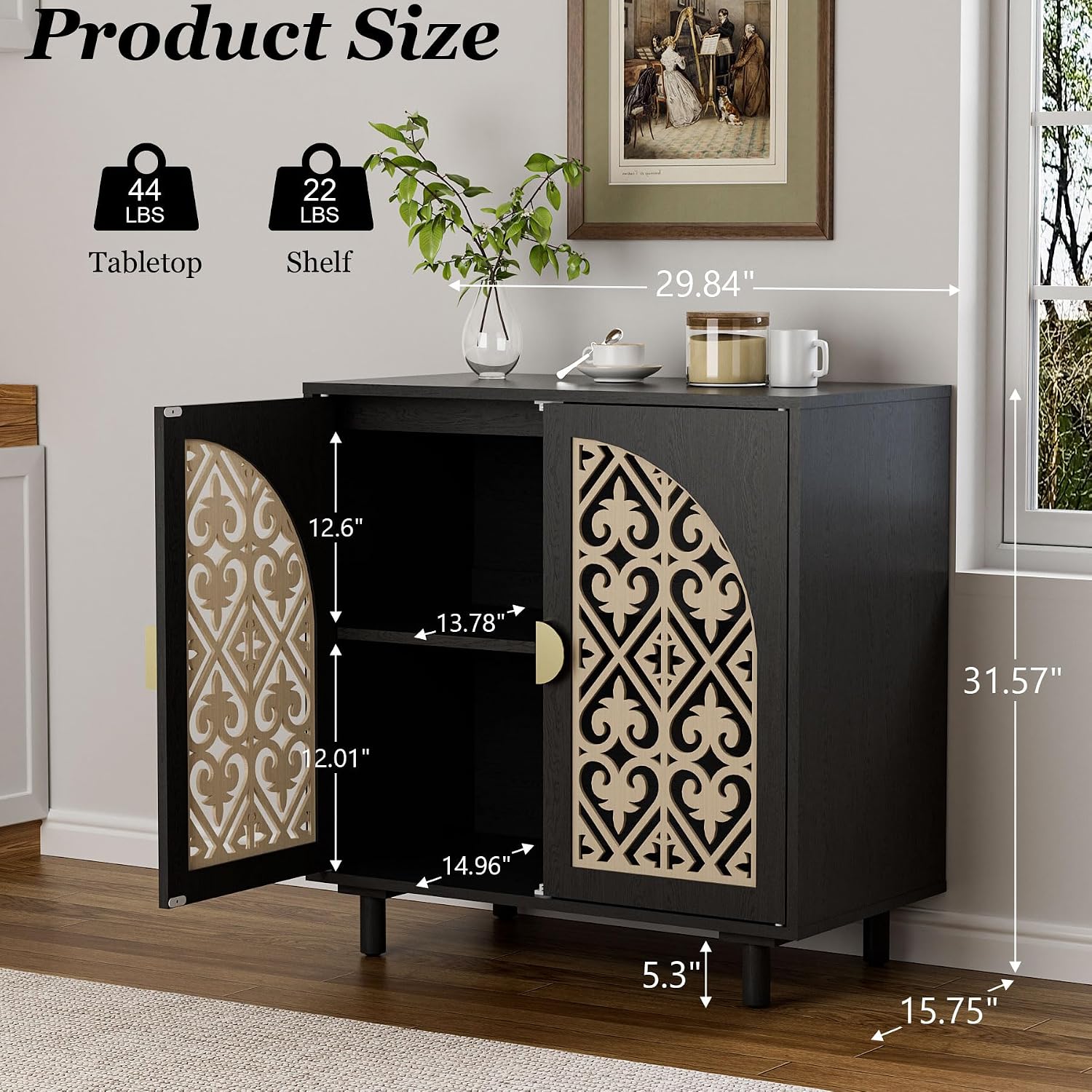 Decorative Storage Cabinet, Sideboard with Magnetic Latch, Adjustable Shelf, 29.84 x 15.75 x 31.57 Inches (2 Pieces)