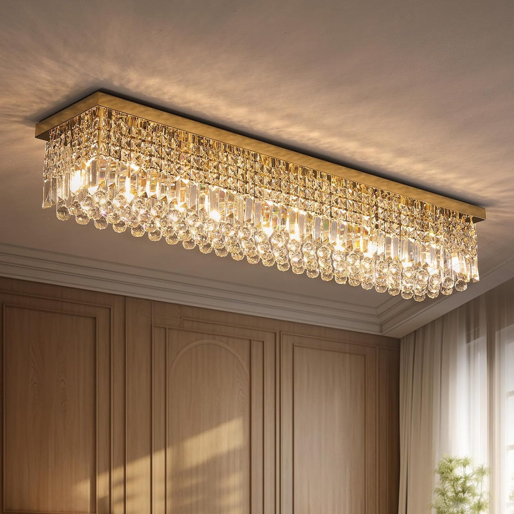 7PM Modern Rectangular Chandelier, 10-Light Dining Room & Living Room Flush Mount, Gold (L47' x W10' x H10')