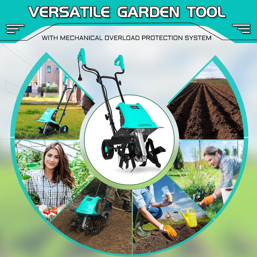 IncwBo 15 Amp 12 Inch Electric Tiller/Cultivator with 4 Steel Tines Small Garden Tiller for Gardening, Corded Rototiller with Adjustable Wheels
