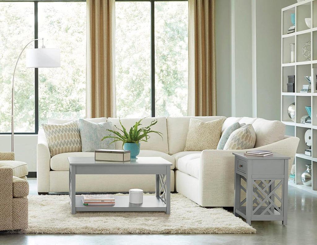 Coventry 36 in. W Wood Coffee Table, Traditional Modern Design, Includes Open Detailing & Storage Shelf, Gray Finish, Cottage, Loft, Apartment, Accent Furniture, End Table, Side Table