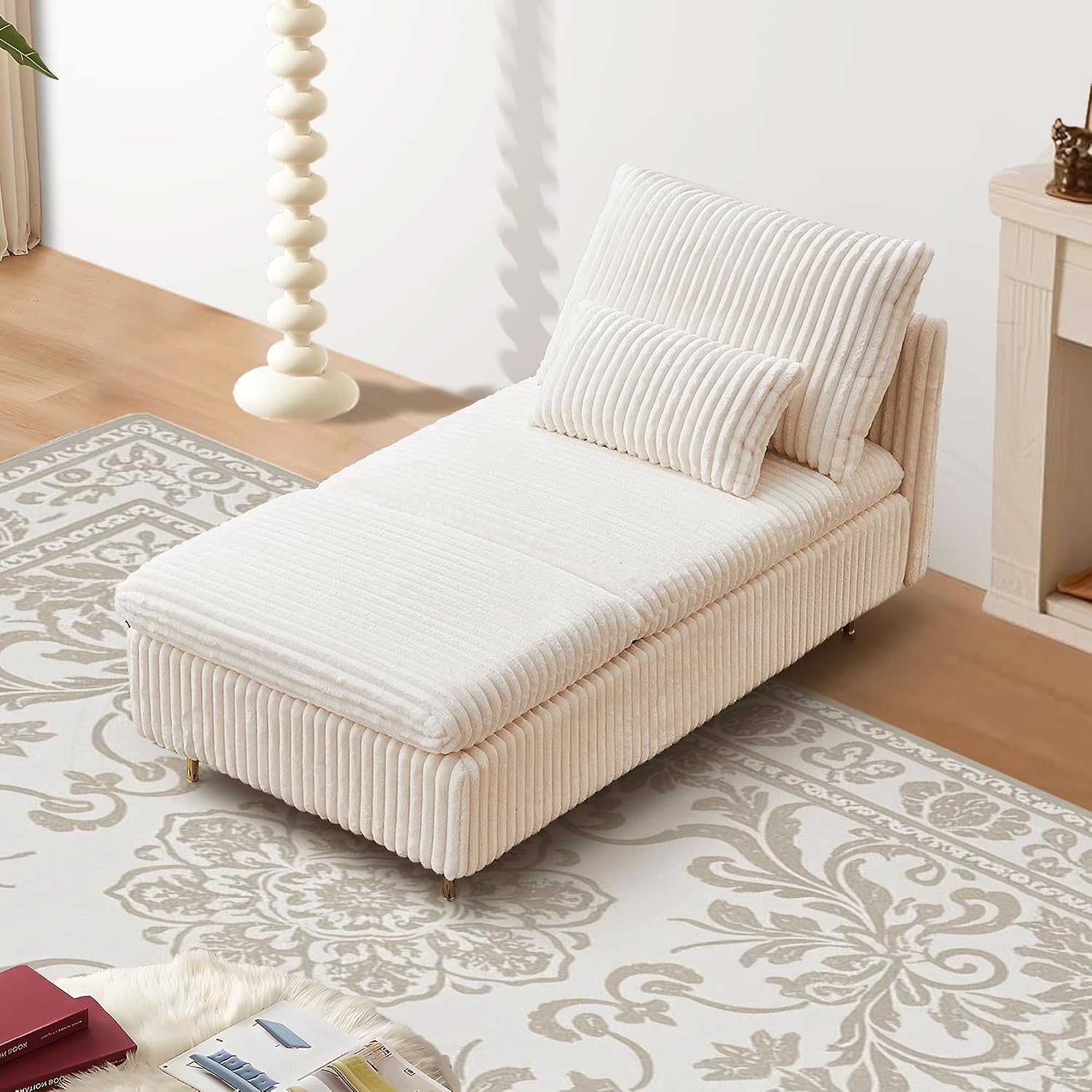 62.6' Corduroy Chaise Lounge Indoor, Modern Longue Chair Upholstered Chaise Longue with Support Pillow & Golden Metal Legs, Sleeper Sofa Recliner for Bedroom, Living Room, Office, Beige