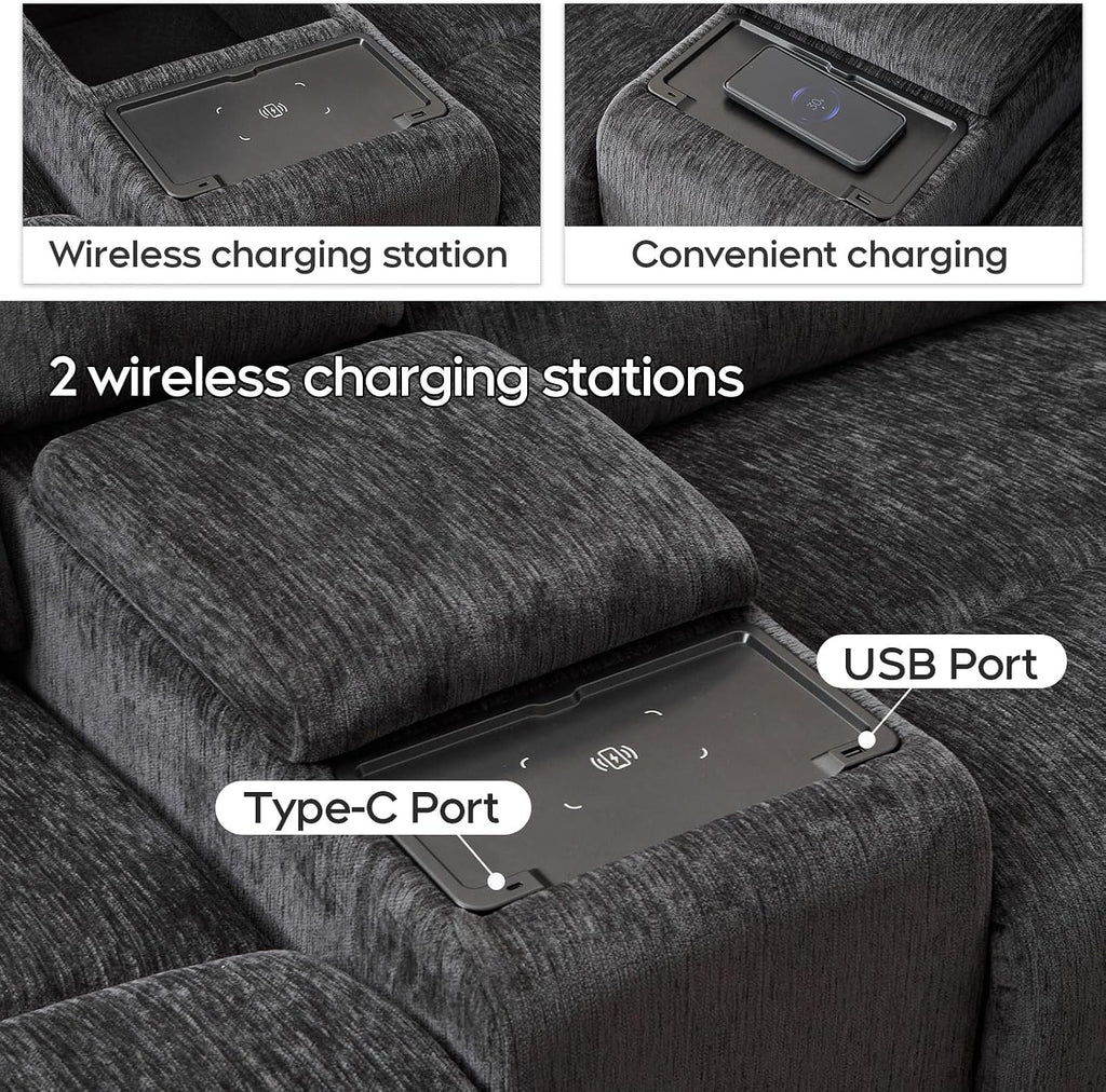 Oversized Power Recliner Sectional Sofa with Wireless Charger,Large Reclining Sectionals Couch Set with 2 Electric Chenille Recliner,USB Type-C,Storage Consloe for Living Room,32.6' Seat Width,Gray