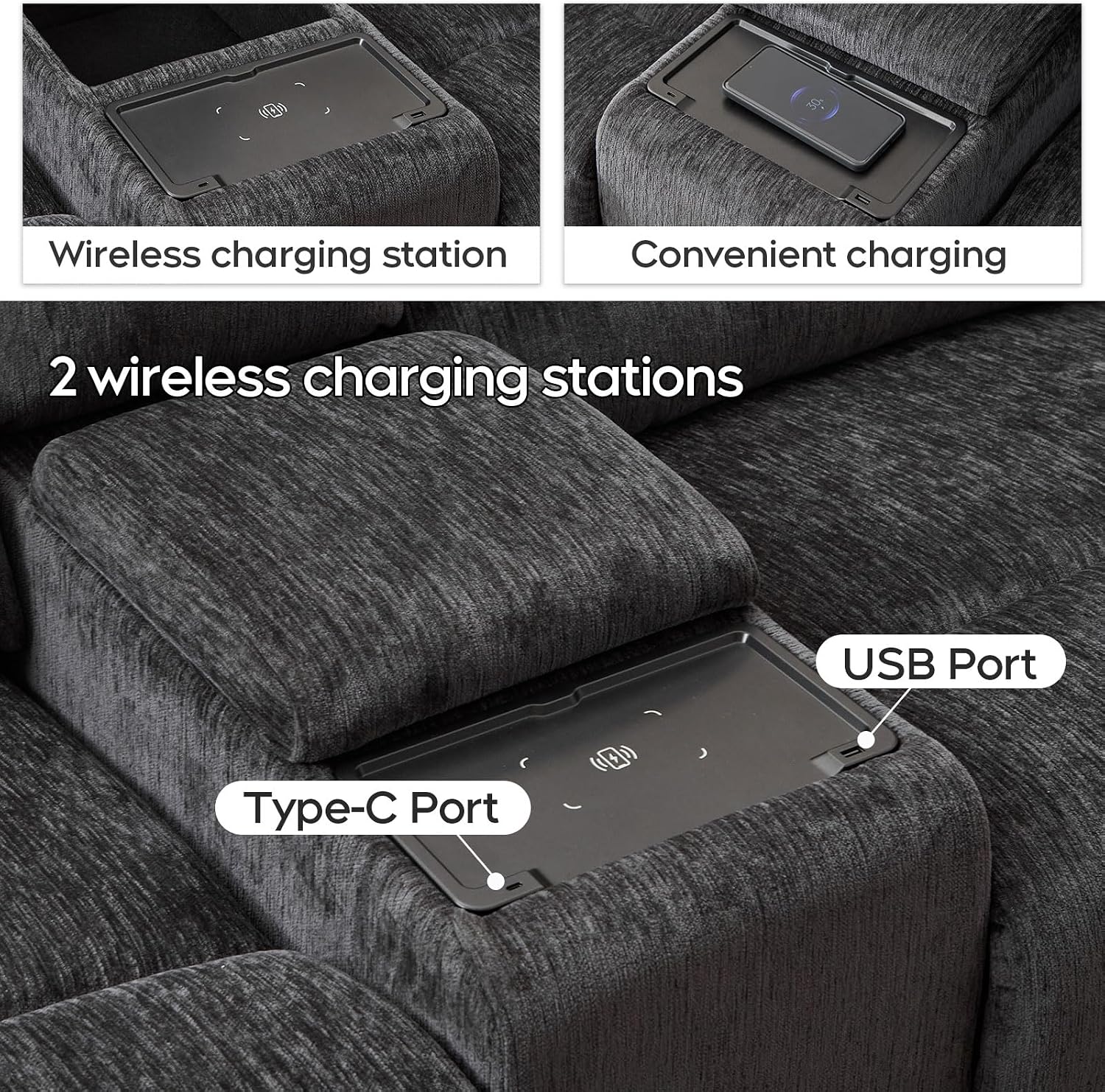 Oversized Power Recliner Sectional Sofa with Wireless Charger,Large Reclining Sectionals Couch Set with 2 Electric Chenille Recliner,USB Type-C,Storage Consloe for Living Room,32.6' Seat Width,Gray