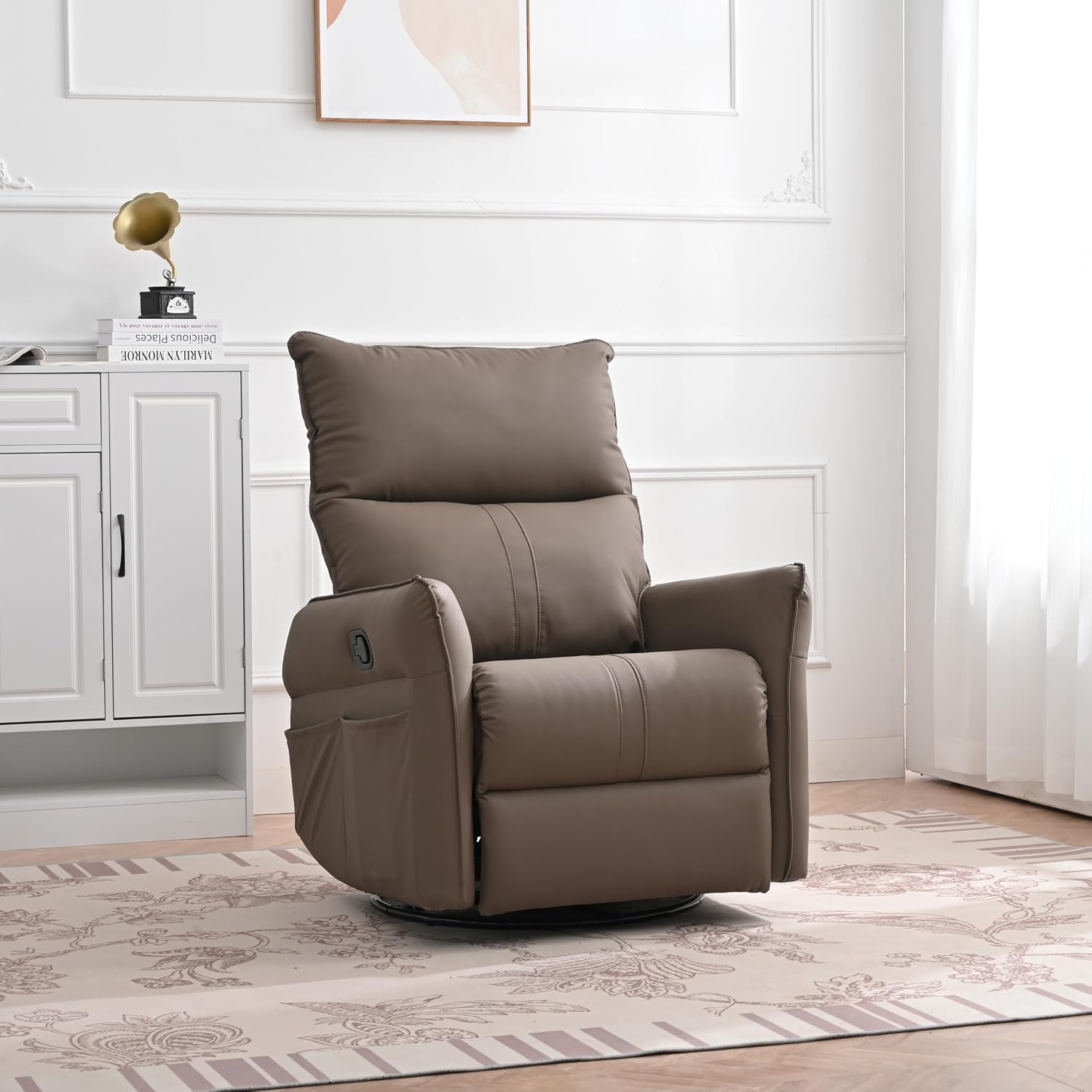KEIKI 360 Degree Rocking Swivel PU Leather Recliner Chair, Individual Seat Home Theater Recliner Seating with Side Pocket for Living Room Bedroom, Brown