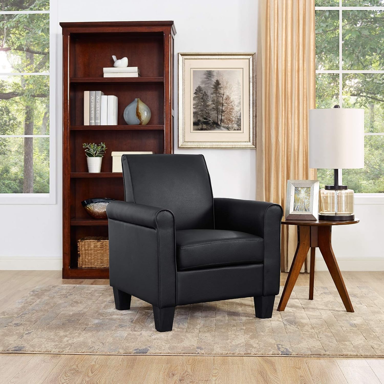 Modern Faux Leather Accent Chair, Upholstered Living Room Armchairs Comfy Single Sofa Chair for Bedroom, Waiting Room-Black