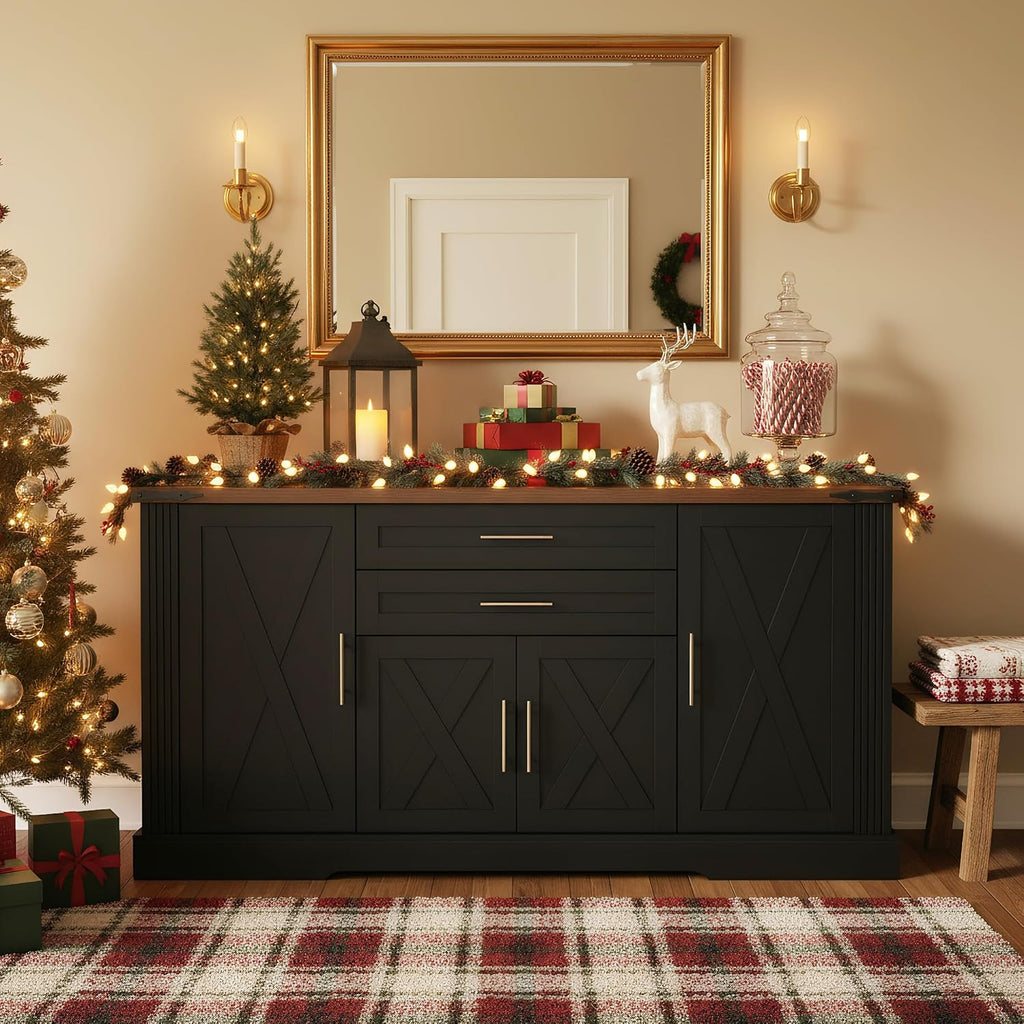 RiteSune 63' Farmhouse Buffet Sideboard Cabinet, Large Kitchen Sideboard Storage with 2 Drawers and 4 Doors, Buffet Table for Dining Room, Living Room, Black