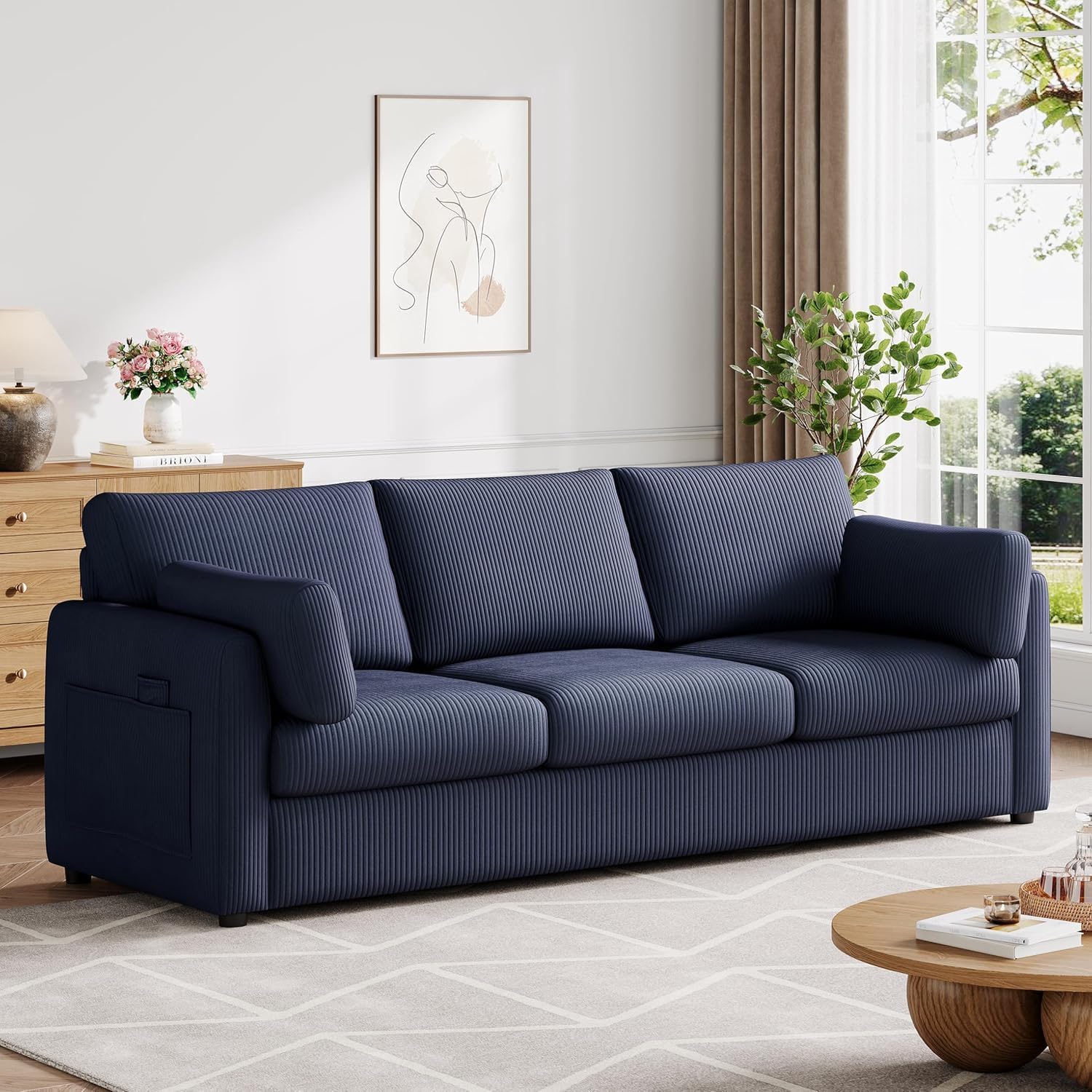 3 Pieces Corduroy Living Room Sofa Sets, Navy Blue Couch with Set of 2 Reading Armchairs, Comfy Pillows and Storage Pockets, Modern Living Room Furniture Sets for Apartment, Small Spaces