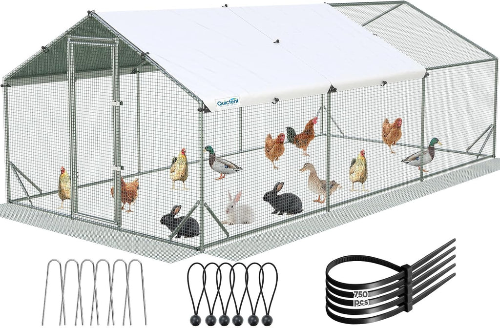 Quictent Large Metal Chicken Coop Run for 30+ Poultry with Side Hardware Cloth & Waterproof Cover, Advanced Series Outdoor Walk-in Cage Hen Duck Rabbit Dog Pen Yard Farm House, 18x9x6.6FT