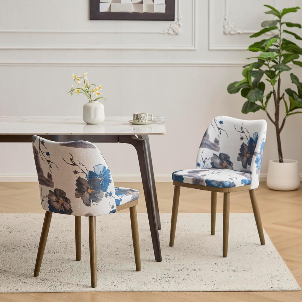 Christopher Knight Home Ringo Modern Fabric Upholstered Dining Chairs Set of 2, Wooden Dining Room Armless Chair, Curved Backrest Kitchen Side Chair, Brown+Blue+White
