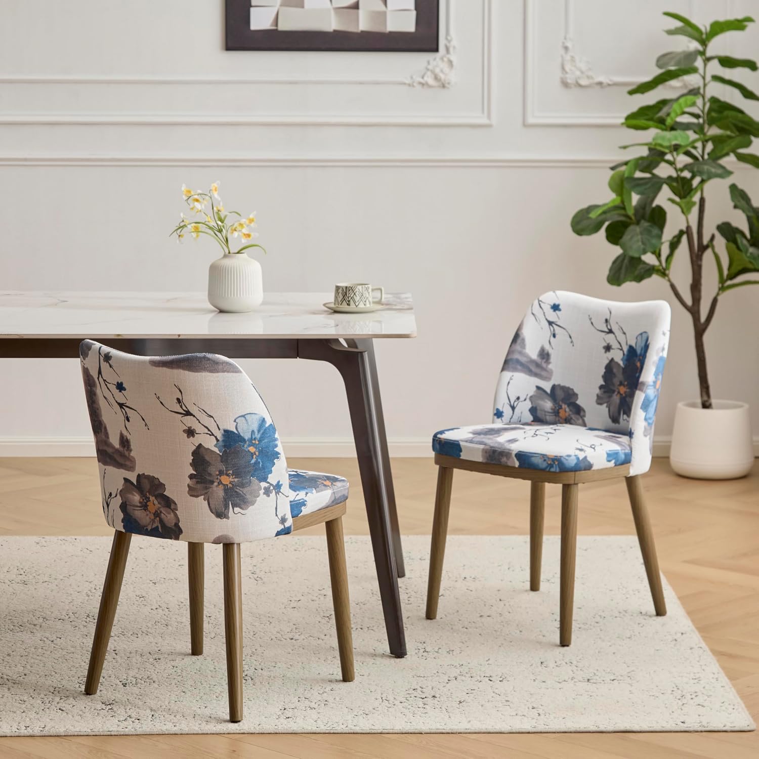Christopher Knight Home Ringo Modern Fabric Upholstered Dining Chairs Set of 2, Wooden Dining Room Armless Chair, Curved Backrest Kitchen Side Chair, Brown+Blue+White